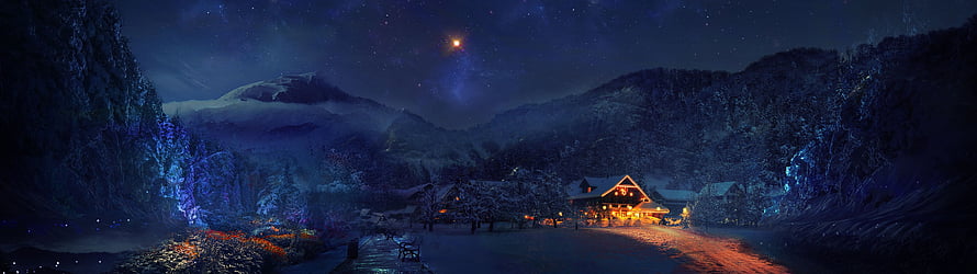 Magical Winter Night Village with Glowing Cabin and Starry Sky HD wallpaper