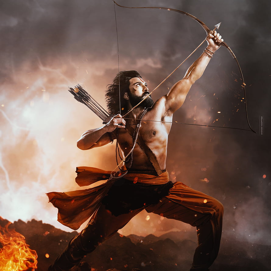Alluri Sitarama Raju from RRR Drawing Bow Amidst Fire and Smoke HD phone wallpaper