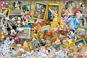 Grand Disney Character Gallery Featuring Mickey Mouse, Princesses, and Classic Friends in Ornate Frames HD wallpaper