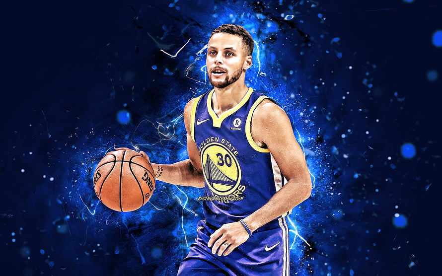Stephen Curry Golden State Warriors Basketball Player Dynamic Blue Background HD wallpaper