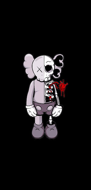 KAWS Companion Split Skull Skeleton Artwork with Red Heart on Black Background HD phone wallpaper