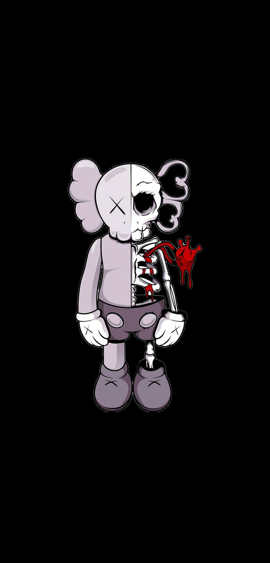 KAWS Companion Split Skull Skeleton Artwork with Red Heart on Black Background HD phone wallpaper