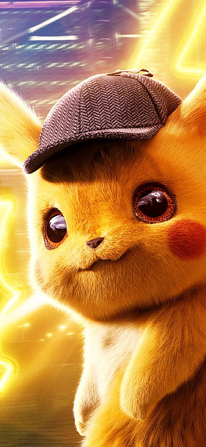 Detective Pikachu Close-Up Portrait in Herringbone Cap with Golden Cinematic Glow HD phone wallpaper