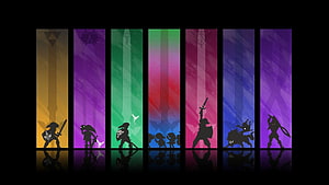 Seven Legend of Zelda Character Silhouettes on Colorful Gradient Panels HD wallpaper