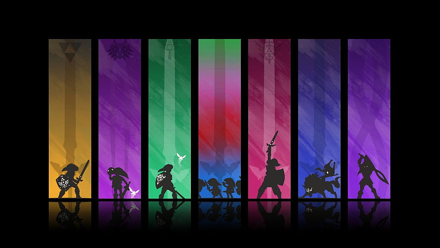 Seven Legend of Zelda Character Silhouettes on Colorful Gradient Panels HD wallpaper