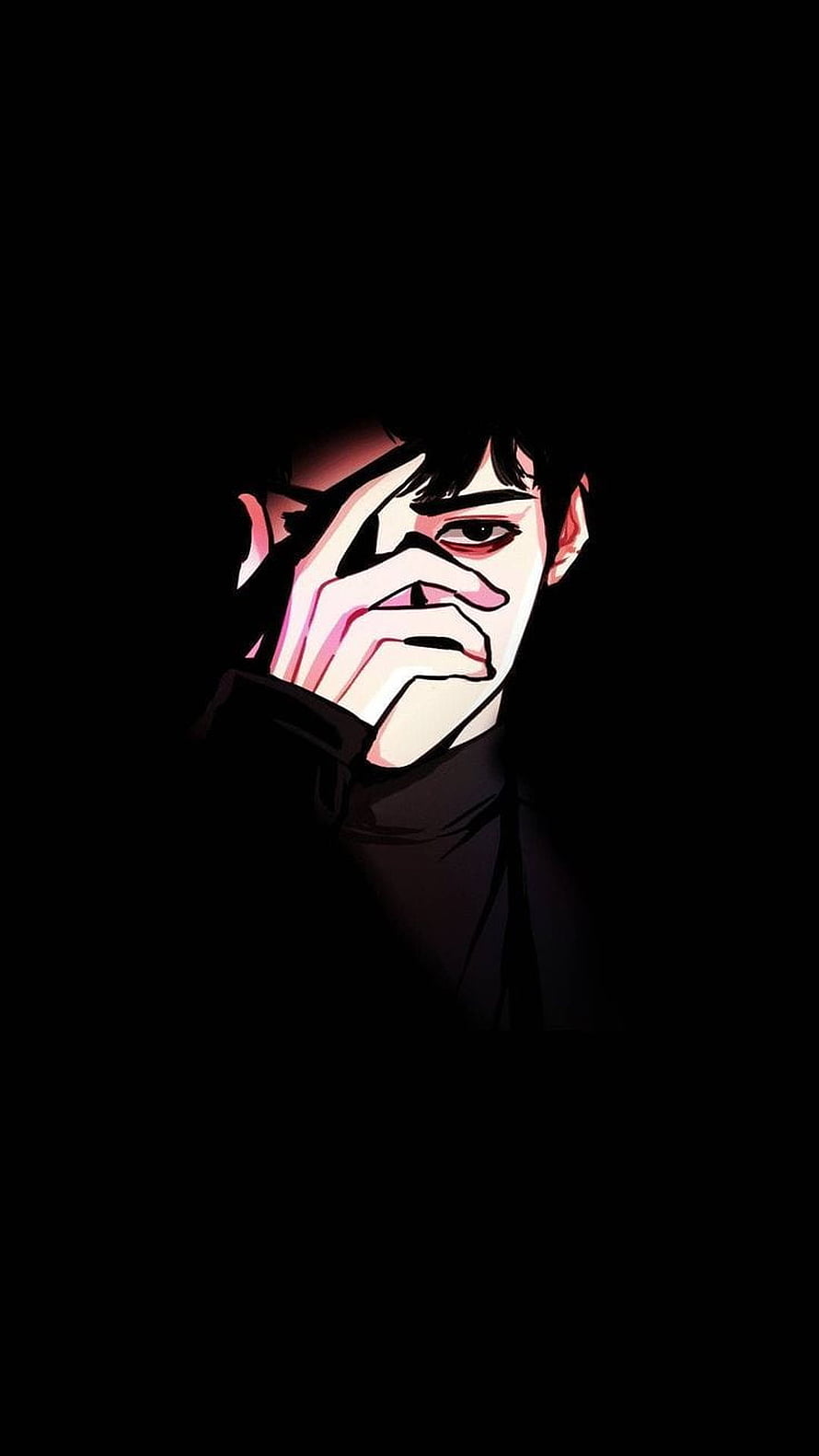 Dark Anime Male Character Portrait with Hand Over Face in Black and Red HD phone wallpaper