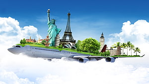 Airplane Flying Through Clouds With Famous World Landmarks On Top HD wallpaper
