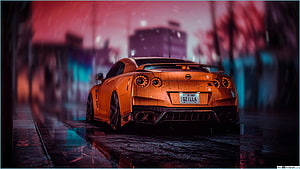 Orange Nissan GT-R R34 Rear View on Wet City Street at Night HD wallpaper