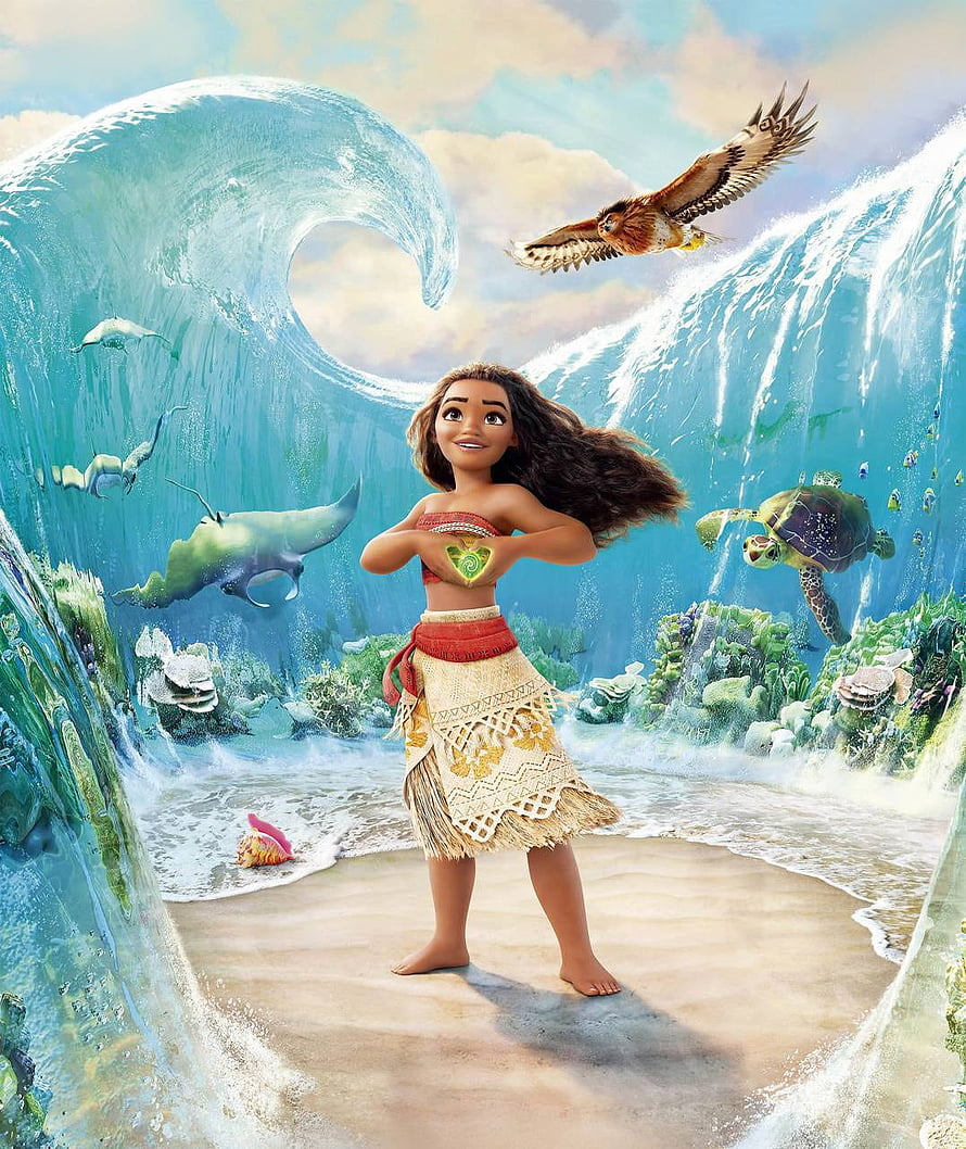 Moana standing on a tropical beach surrounded by ocean waves, sea turtles, and a hawk HD phone wallpaper
