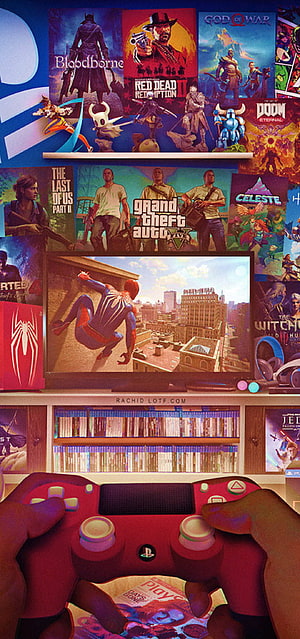 First Person View of Hands Holding a Red PlayStation Controller in a Cozy Gaming Room HD phone wallpaper