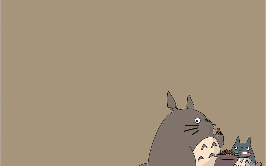 My Neighbor Totoro and Chibi Totoro Eating Acorns on a Minimalist Beige Background HD wallpaper