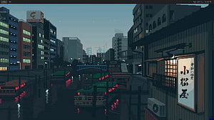 Pixel Art Japanese City Canal at Night with Boats and Lanterns HD wallpaper