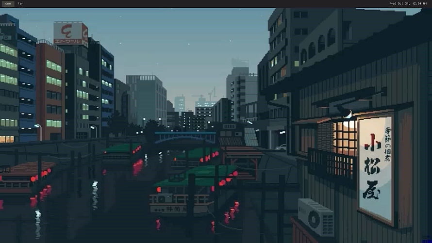 Pixel Art Japanese City Canal at Night with Boats and Lanterns HD wallpaper