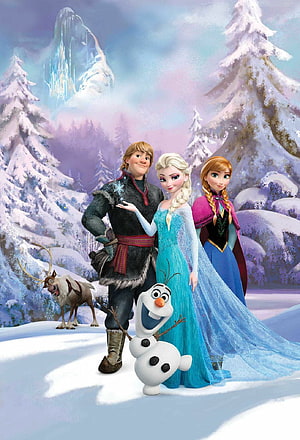 Frozen 2 Elsa Anna Kristoff Olaf and Sven in Snowy Forest with Ice Castle HD phone wallpaper