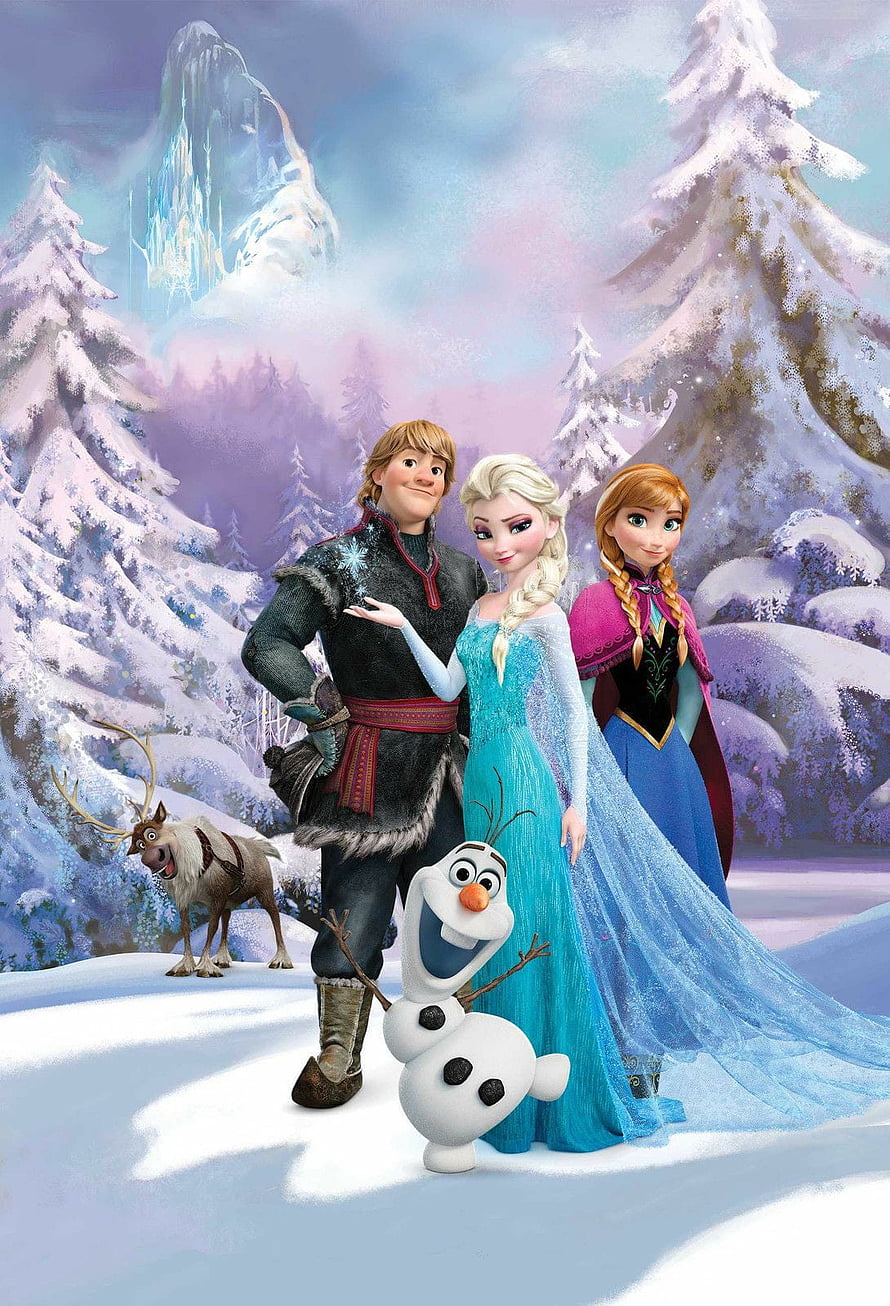 Frozen 2 Elsa Anna Kristoff Olaf and Sven in Snowy Forest with Ice Castle HD phone wallpaper