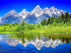 Snow-capped mountain peaks reflected in a calm alpine lake surrounded by lush green forest and meadows under a clear blue sky HD wallpaper