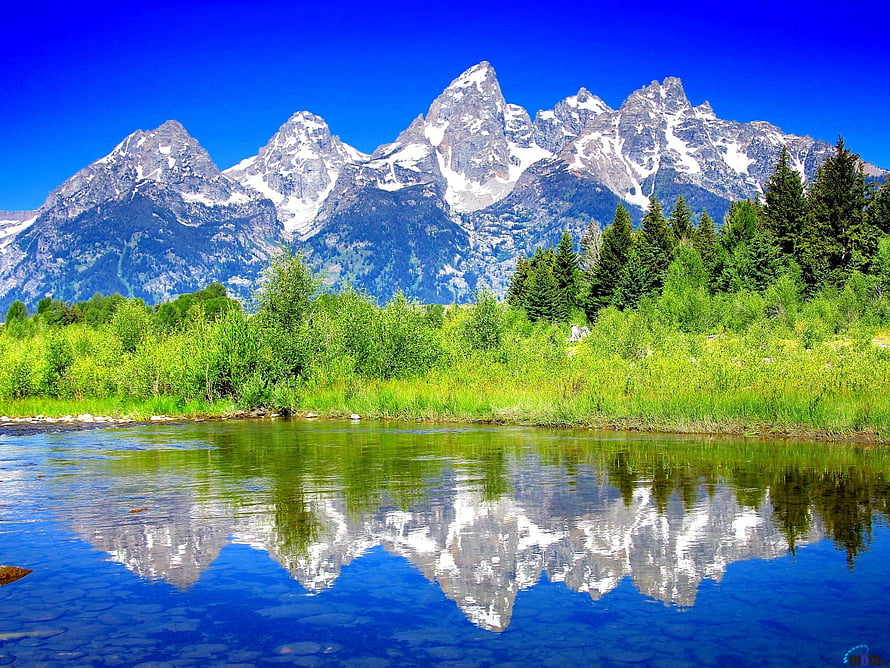 Snow-capped mountain peaks reflected in a calm alpine lake surrounded by lush green forest and meadows under a clear blue sky HD wallpaper