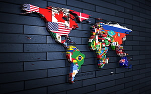 3D World Map Mosaic of National Flags on Dark Brick Wall Background HD wallpaper