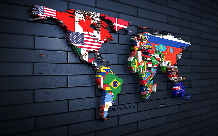 3D World Map Mosaic of National Flags on Dark Brick Wall Background HD wallpaper