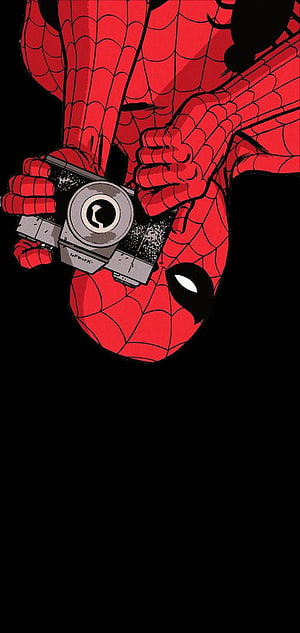 Spider-Man Holding Vintage Camera Upside Down Comic Art, Spider Man AMOLED Camera Galaxy S10 Hole Punch, Spiderman Amoled HD phone wallpaper