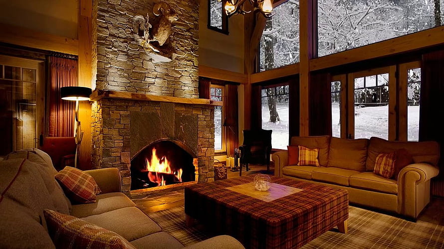 Cozy Log Cabin Living Room With Stone Fireplace And Snowy Forest View HD wallpaper