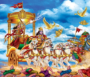 Arjuna and Krishna in the Kurukshetra War Chariot Scene HD wallpaper