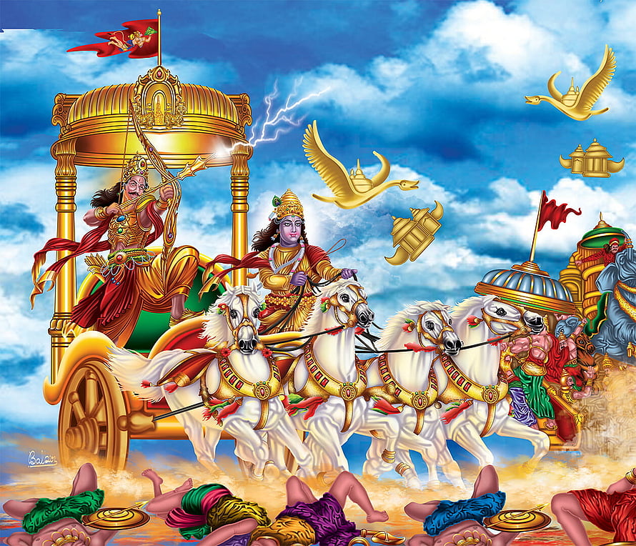 Arjuna and Krishna in the Kurukshetra War Chariot Scene HD wallpaper