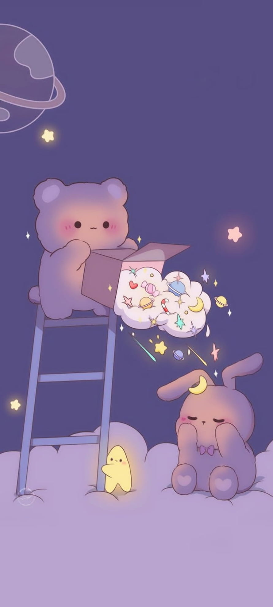 Cute Purple Bear and Bunny Pouring Magical Clouds From a Box on a Ladder HD phone wallpaper