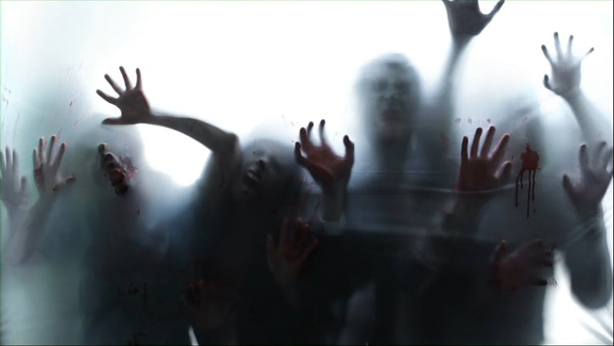 Horror Wallpaper of Screaming Zombies Pressing Against Frosted Glass With Blood Splatters HD wallpaper
