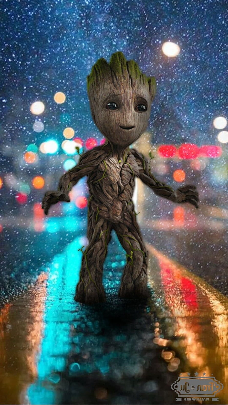 Baby Groot Standing on a Wet Street with Colorful Bokeh Lights and Starry Night Sky HD phone wallpaper