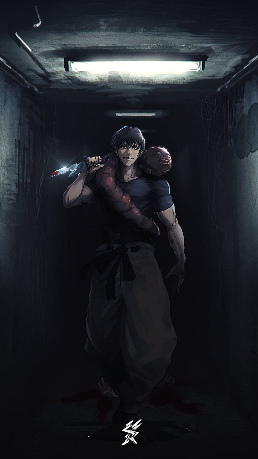 Kaneki Ken Carrying Head in Dark Corridor Anime Illustration HD phone wallpaper