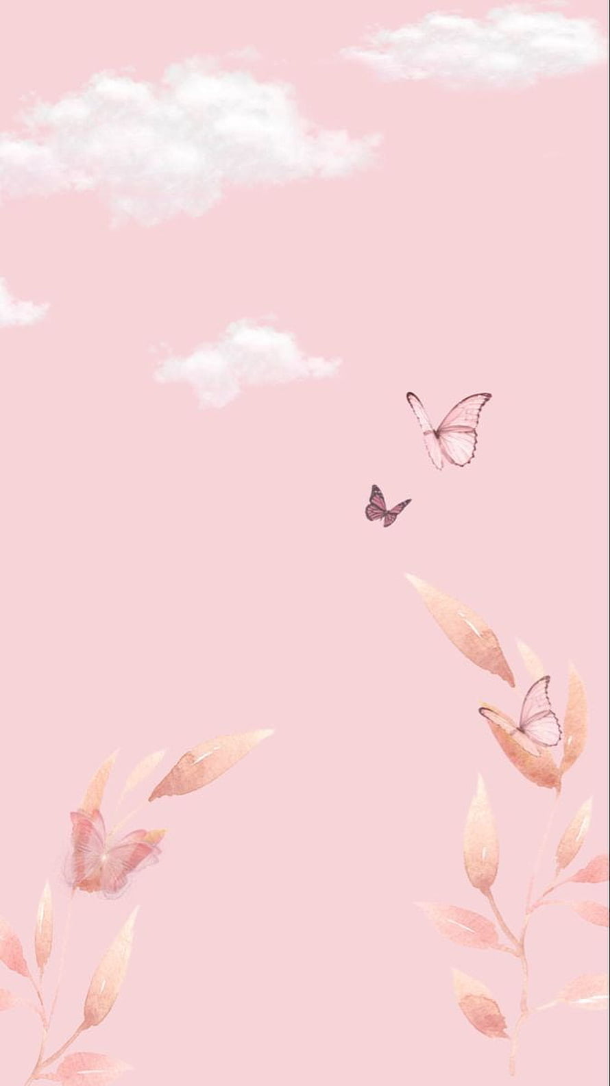 Soft Pink Sky with Delicate Butterflies and Watercolor Botanical Branches HD phone wallpaper