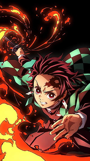Tanjiro Kamado Wielding Nichirin Sword with Flame Breathing Technique HD phone wallpaper