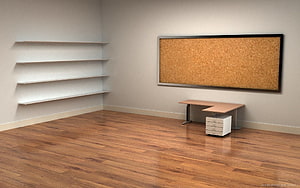 Minimalist Office Interior With Cork Board, Floating Shelves, and Corner Desk on Hardwood Floor HD wallpaper