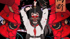 Anime Girl in School Uniform Wearing Oni Mask Holding Katana with Red Mecha HD wallpaper