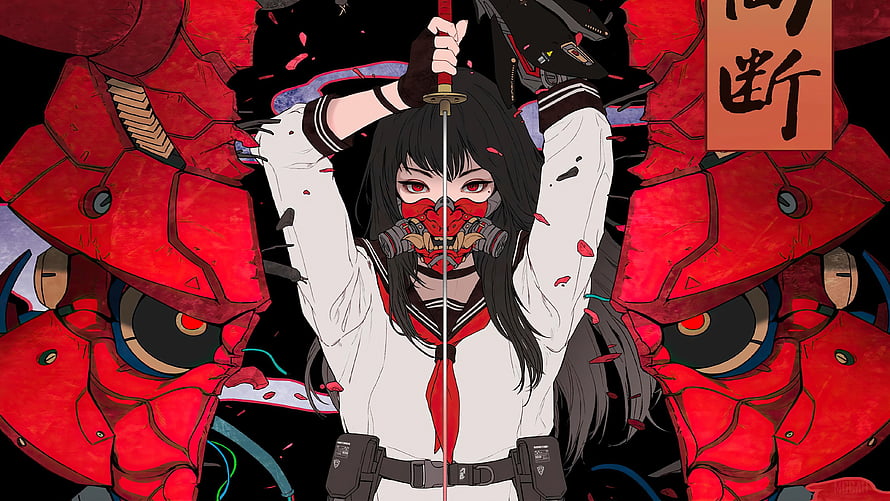 Anime Girl in School Uniform Wearing Oni Mask Holding Katana with Red Mecha HD wallpaper
