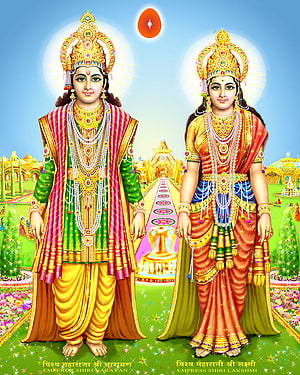 Lakshmi Narayana Divine Couple in Ornate Royal Attire with Golden Temple Background HD phone wallpaper