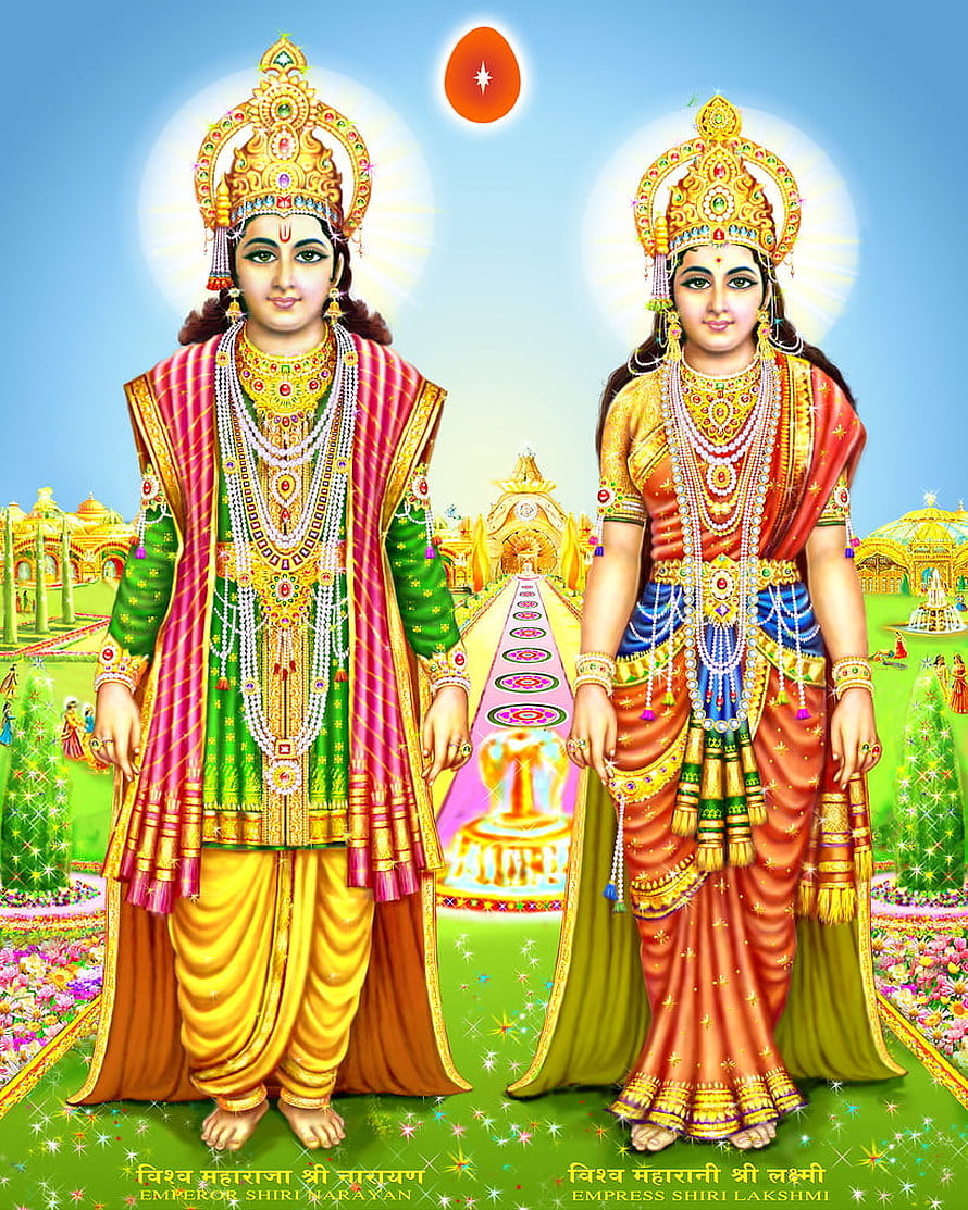 Lakshmi Narayana Divine Couple in Ornate Royal Attire with Golden Temple Background HD phone wallpaper