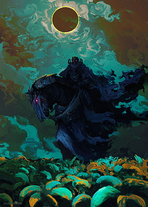 Guts on the Black Swordsman Horse Under a Total Solar Eclipse in Dark Fantasy Art, Skull Knight - Berserk(the Anime Manga), Skeleton Knight HD phone wallpaper