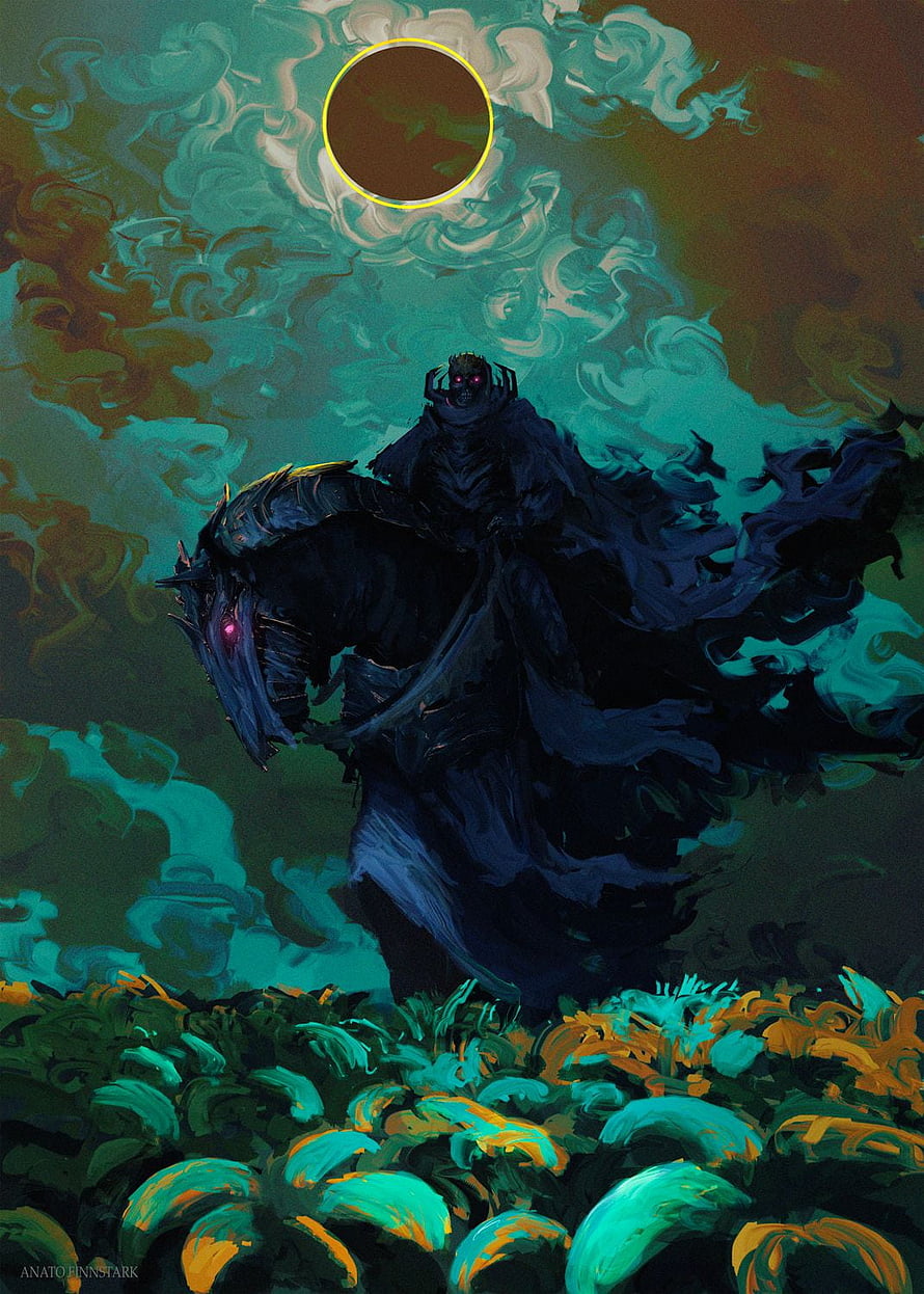 Guts on the Black Swordsman Horse Under a Total Solar Eclipse in Dark Fantasy Art, Skull Knight - Berserk(the Anime Manga), Skeleton Knight HD phone wallpaper