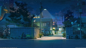 Anime Style Night Street Scene With Scooter And Streetlight HD wallpaper