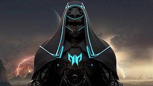 Cybernetic Assassin in Black Hooded Cloak with Glowing Blue Neon Accents HD wallpaper