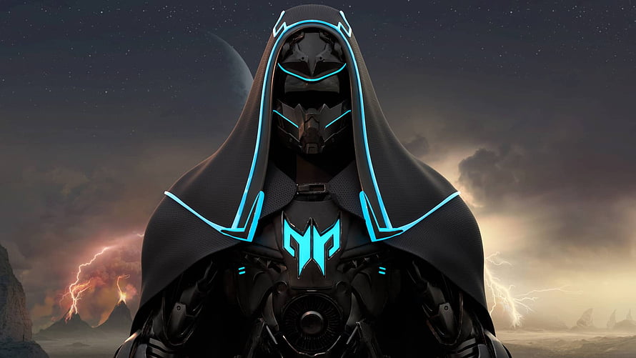 Cybernetic Assassin in Black Hooded Cloak with Glowing Blue Neon Accents HD wallpaper