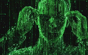 Neo from The Matrix rendered in iconic green digital code rain HD wallpaper