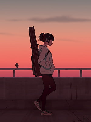 Anime Girl Walking with Guitar Case and Headphones at Sunset HD phone wallpaper