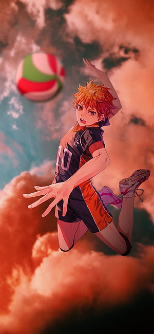 Haikyu!! Anime Character Leaping to Spike Volleyball Against Dramatic Sunset Sky HD phone wallpaper