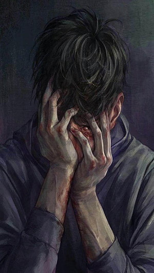 Emotional Anime Illustration of a Distressed Young Man with Bloodied Hands, Sad Anime Boy, Sad Crying Anime Boy HD phone wallpaper