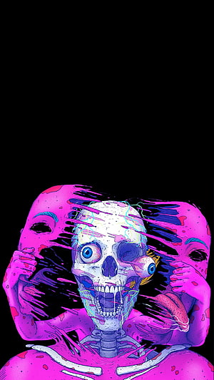 Psychedelic Skull Art with Neon Pink and Blue Glitch Effects on Black Background HD phone wallpaper