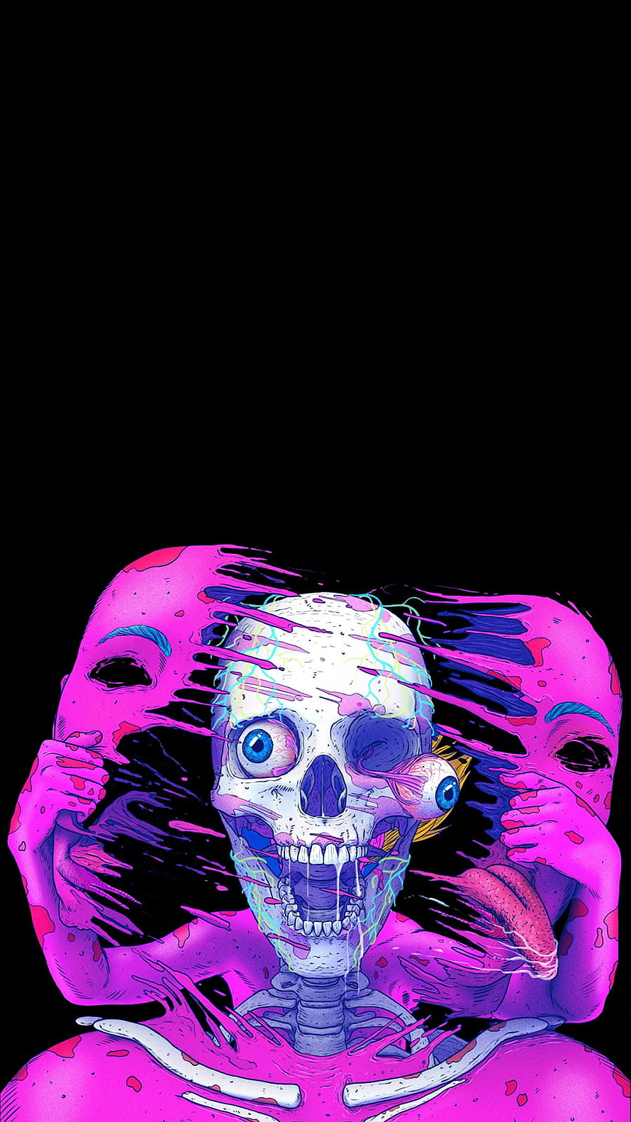 Psychedelic Skull Art with Neon Pink and Blue Glitch Effects on Black Background HD phone wallpaper
