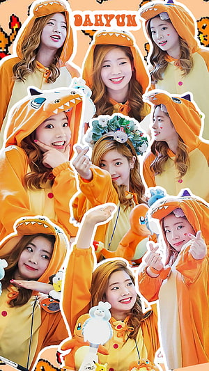 Jihyo in Orange Dinosaur Kigurumi Costume with Plush Toys and Heart Face Paint HD phone wallpaper